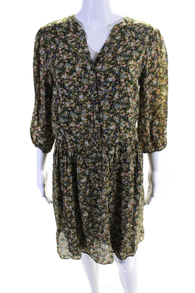 Set Womens Floral Snap Button V-Neck Long Sleeve A-Line Midi Dress Green Size 8