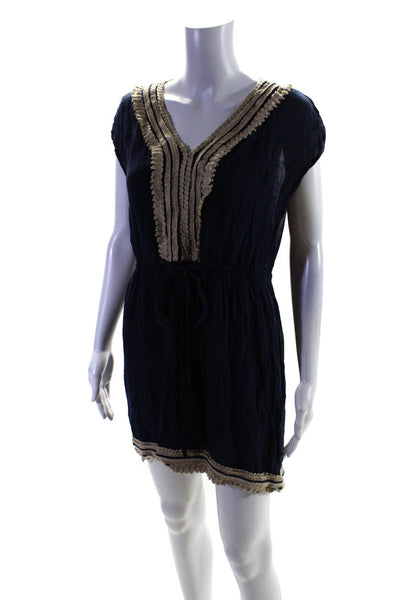 Milly Womens V Neck Sleeveless Straw Trim Solid Cotton Dress Blue Size 6