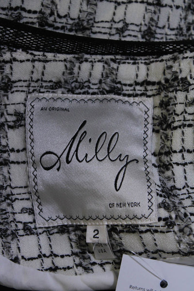 Milly Of New York Womens Plaid Print Full Zip Cropped Jacket White Black Size 2