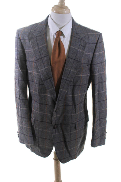 Burberrys Mens Brown Gray Wool Plaid Two Button Long Sleeve Blazer Size 44