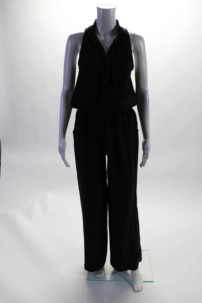 Sunner Women's Sleeveless Button Down Silk Wide Leg Jumpsuit Black Size S