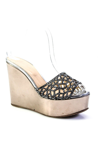 Designer Womens Gray Bedazzled Platform Wedge Heels Sandals Shoes Size 7/8