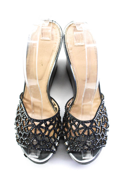 Designer Womens Gray Bedazzled Platform Wedge Heels Sandals Shoes Size 7/8