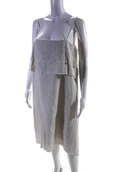 Zara Womens Spaghetti Strap Fringe Tiered Pinstripe Dress White Cotton Large