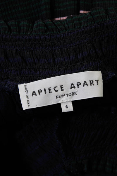 Apiece Apart Womens Smocked Off Shoulder Striped Silk Dress Navy Blue Size 6