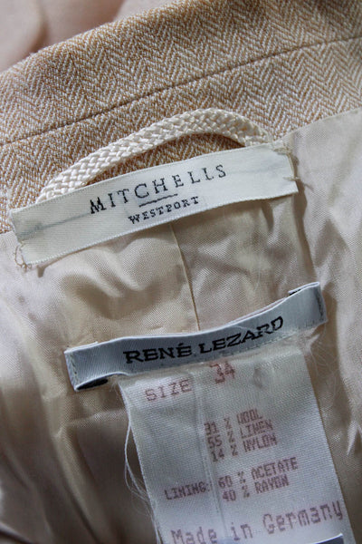 Rene Lezard Womens Wool Linen Notched Collar Button Up Blazer Beige Size 34