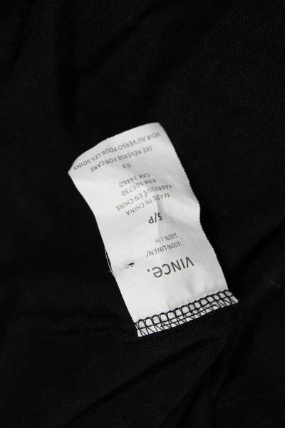 Vince Women's Linen 3/4 Sleeve Leather Trim V Neck Top Black Size S