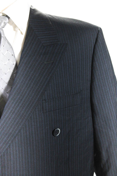 Canali Mens Wool Pin Striped Double Breasted V Neck Suit Jacket Blue Size 54