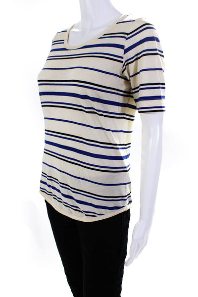 Demylee Womens Striped Short Sleeve Top Tee Shirt Ivory Blue Size Medium
