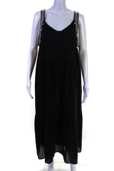 Zara Womens Sleeveless V Neck Embroidered Beaded Trim Midi Dress Black Large
