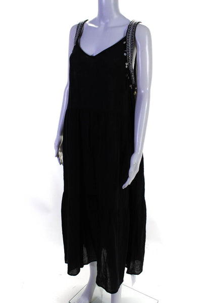 Zara Womens Sleeveless V Neck Embroidered Beaded Trim Midi Dress Black Large