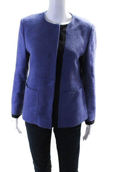 Les Copains Womens Grosgrain Trim Herringbone Snap Jacket Blue Linen Size IT 44