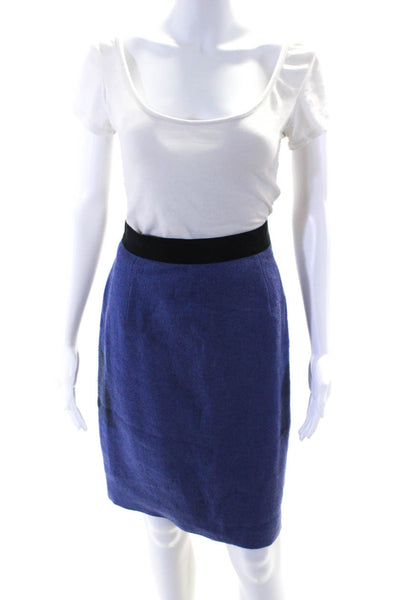 Les Copains Womens Herringbone Woven Knee Length Pencil Skirt Blue Linen IT 44