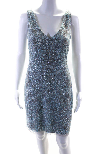 Aidan Mattox Womens Blue Sequenced V-Neck Zip Back Sleeveless Mini Dress Size 4