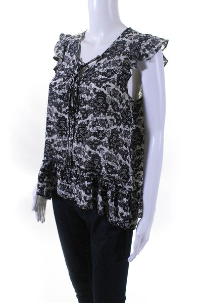 Scoop NYC Women's Silk Floral Print Sleeveless Ruffle Blouse Black White Size P