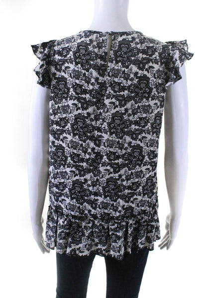 Scoop NYC Women's Silk Floral Print Sleeveless Ruffle Blouse Black White Size P
