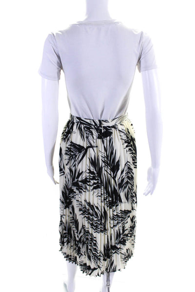 Toccin Women's Palm Print Lightweight Pleated Midi Skirt White Black Size XS