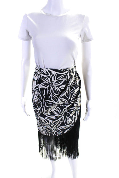 Toccin Women's Floral Print Tassel Knee Length Wrap Skirt Black White Size 4