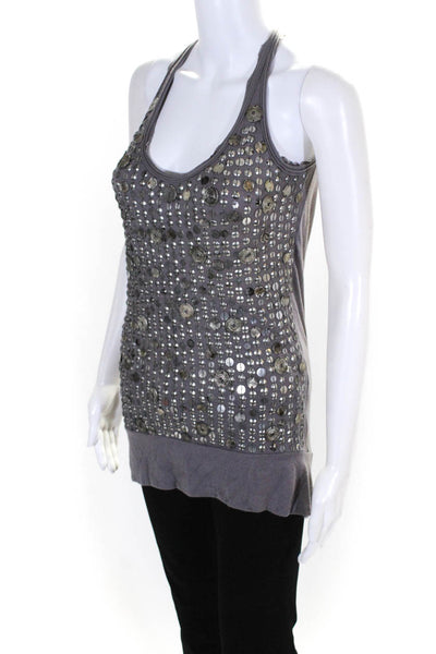 Cecilia De Bucourt Womens Embroidered Studded Textured tank Top Gray Size XS