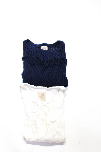 Chaser Womens Cable Knit Fringe Waffle Lace Up Sweater Blue White Size M Lot 2