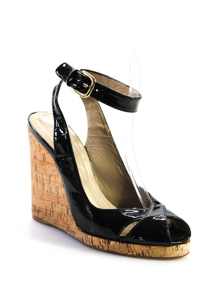 Scoop Women's Patent Leather Ankle Strap Peep Toe Wedge Sandals Black Size 7
