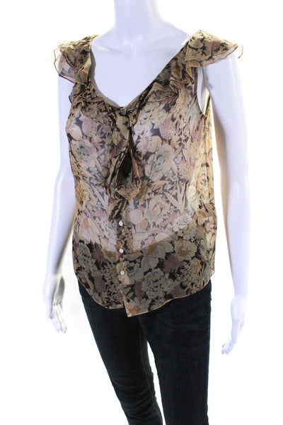 Ralph Lauren Women's Sleeveless Silk Floral Button Down Top Brown Size 4