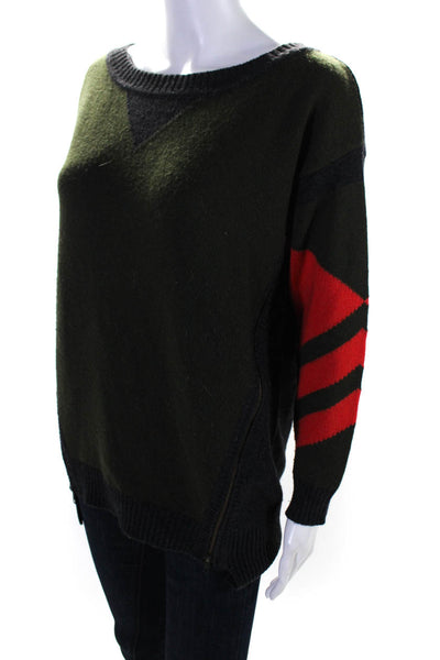 RVN Womens Striped Sleeve Zipper Trim Scoop Neck Sweater Gray Green Red Small