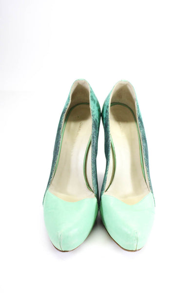 Charline De Luca Womens Wedge Heel Round Toe Pumps Green Leather Size 39
