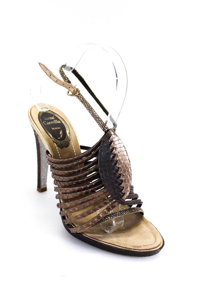 Rene Caovilla Womens Leather Strappy Slingbacks Brown Gold Size 37.5 7.5