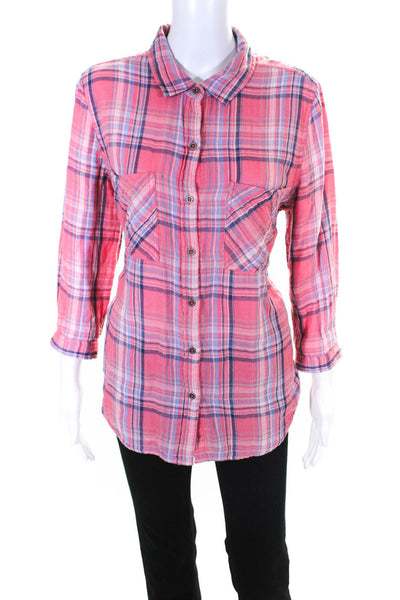 Seven 7 Womens Cotton Collared Plaid Print Button Down Shirt Top Red Blue Size M