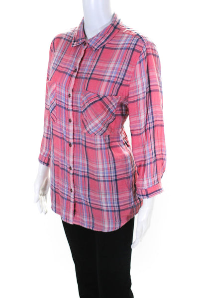 Seven 7 Womens Cotton Collared Plaid Print Button Down Shirt Top Red Blue Size M