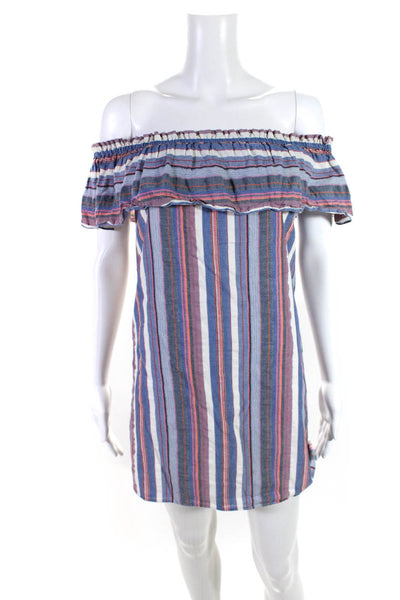 Parker Women's Striped Off Shoulder Cotton Mini Dress Blue Pink Size XS