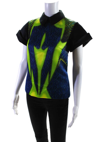 PETER PILOTTO Womens Abstract Satin Collared Top Blouse Blue Green Silk Size 2