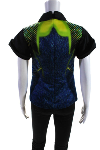 PETER PILOTTO Womens Abstract Satin Collared Top Blouse Blue Green Silk Size 2
