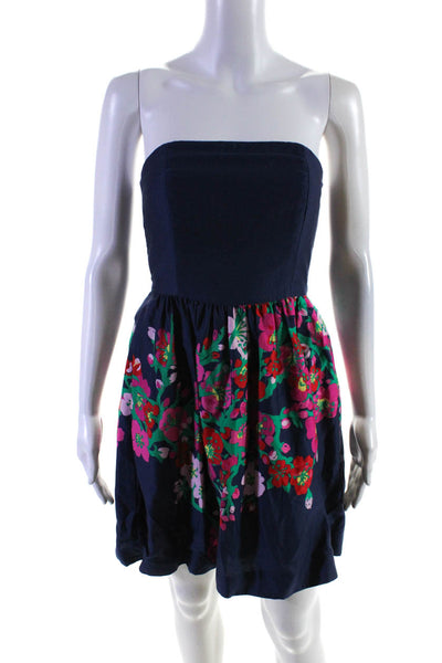 Lilly Pulitzer Womens Strapless Sateen Floral A Line Dress Pink Navy Blue Size 0