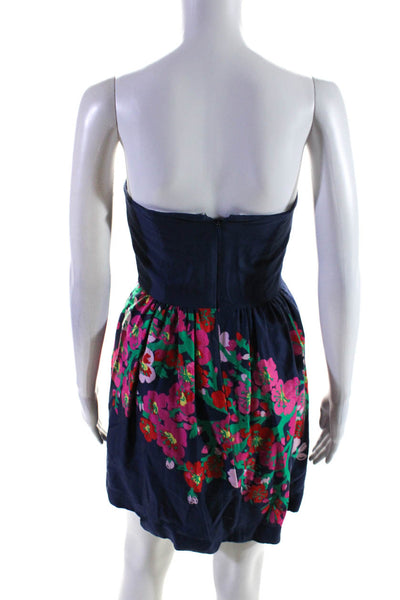 Lilly Pulitzer Womens Strapless Sateen Floral A Line Dress Pink Navy Blue Size 0