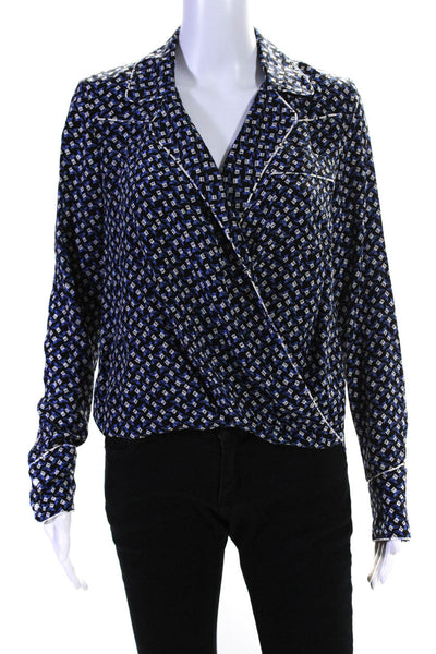 Veronica Beard Womens Silk Crepe Floral Printed Collared Blouse Top Blue Size 0