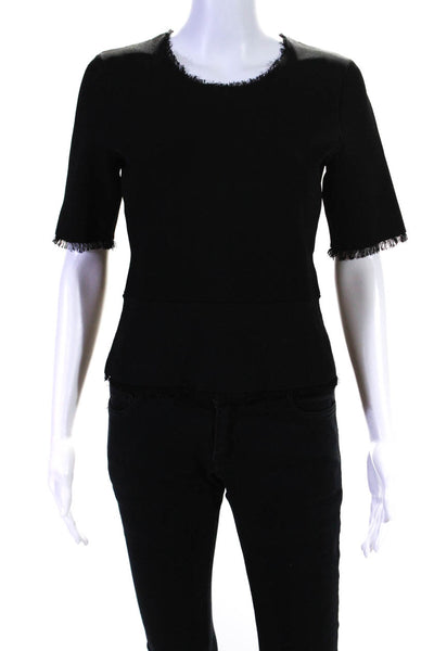 ALC Womens Knit Fringe Hem Short Sleeve Crew Neck Blouse Top Black Size M