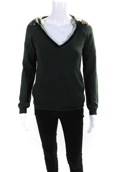 Pedro Del Hierro Womens Green Silk Beaded Collar Long Sleeve Sweater Top Size P