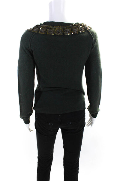 Pedro Del Hierro Womens Green Silk Beaded Collar Long Sleeve Sweater Top Size P