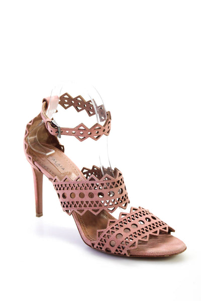 Alaia Womens Perforated Suede Strappy High Heels Sandals Pink Size 39.5 9.5