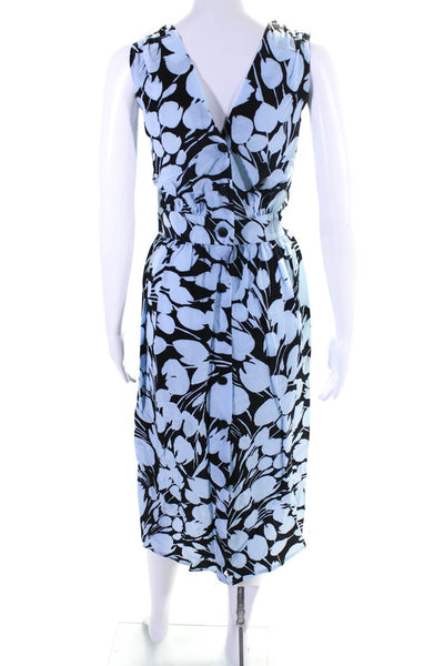 No. 6 Store Women's V-Neck Sleeveless Button Down Midi Dress Blue Floral Size 2