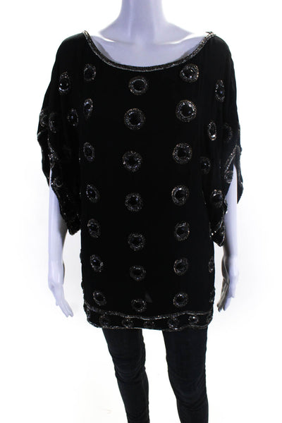 Antik Batik Womens Beaded Crystal Scoop Neck Tunic Top Blouse Black Size M