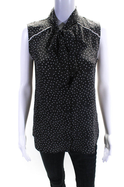 Miss Wu Womens Silk Crepe Spotted Pussy Bow Sleeveless Blouse Top Black Size 4