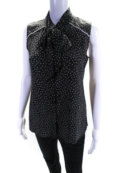 Miss Wu Womens Silk Crepe Spotted Pussy Bow Sleeveless Blouse Top Black Size 4