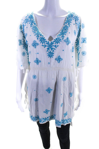 Letarte Womens Floral Embroidered Tassel V-Neck Tunic Top Blouse White Size S