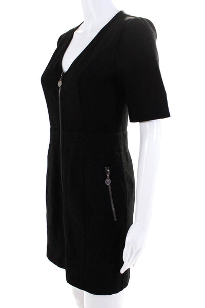 Gestuz Women's Short Sleeve Zip Front V Neck Sheath Dress Black Size 34