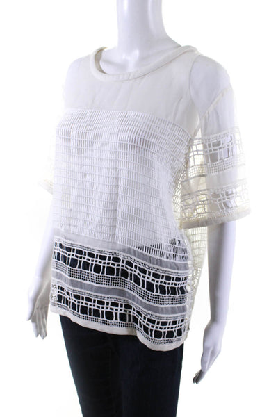IRO Womens Silk Open Knit Patchwork Short Sleeve Textured Top White Size EUR38