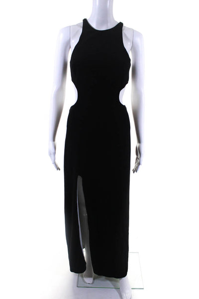 Halston Heritage Womens Backless Zip Short Sleeve Slit Maxi Gown Black Size 0