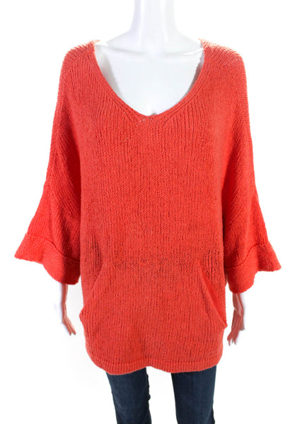Free People Womens Orange Open Knit V-Neck Short Sleeve Sweater Top Size XS